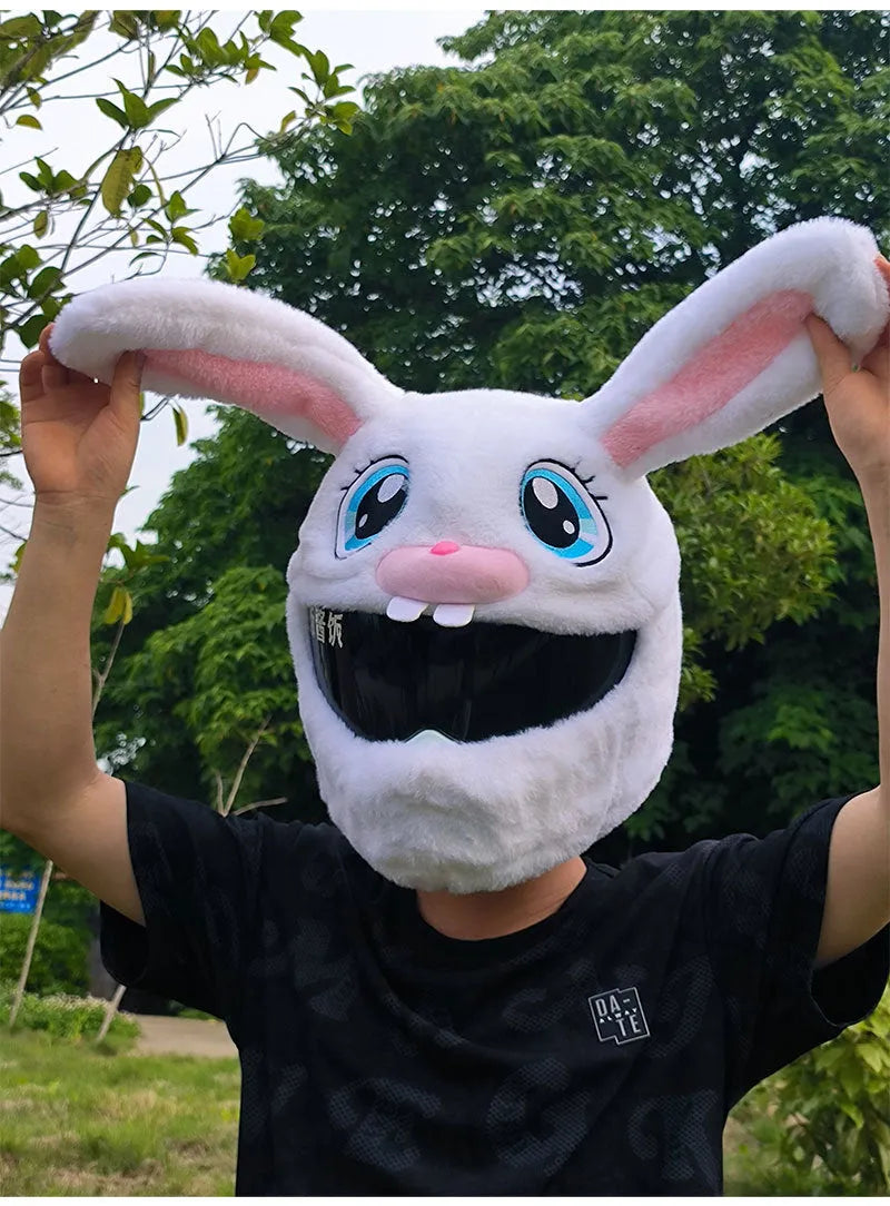 White long-eared rabbit plush helmet cover for an electric motorcycle helmet