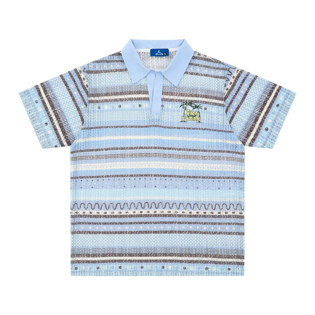 Men's blue printed short sleeve casual shirt with loose fit on mannequin