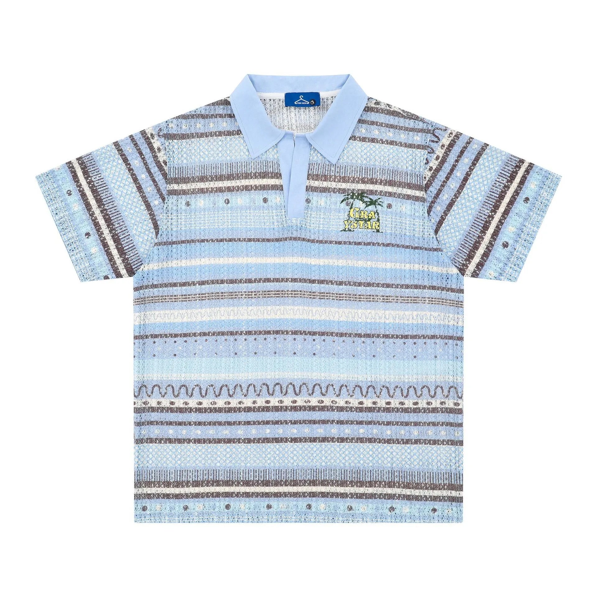 Men's blue printed short sleeve casual shirt with loose fit on mannequin