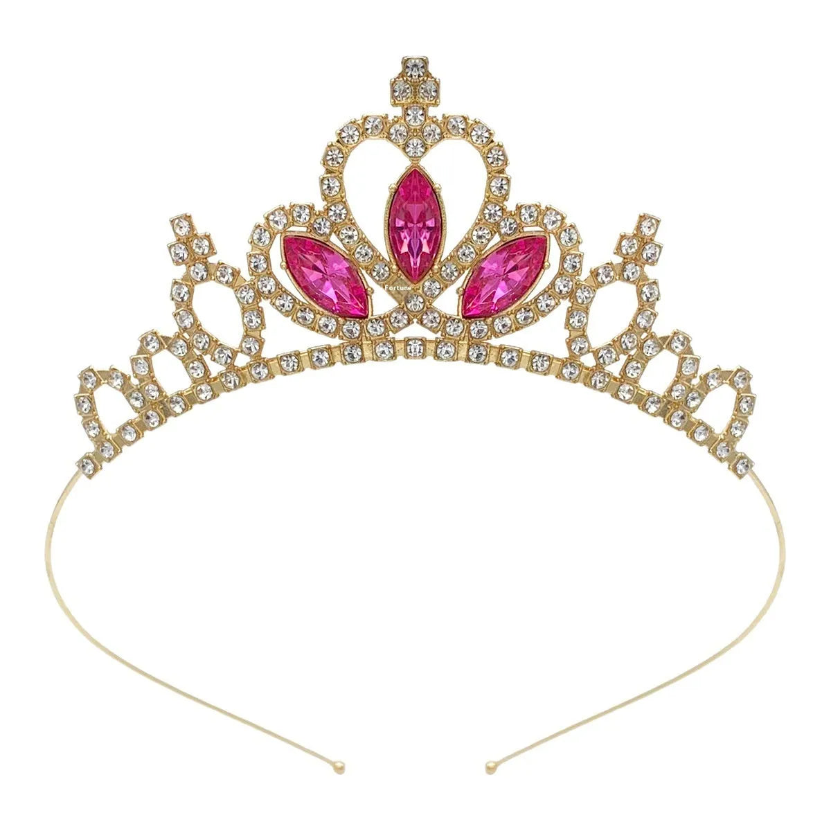 Girl's electroplated alloy princess crown headdress in gold and silver colour variations with gemstone-effect finishes.