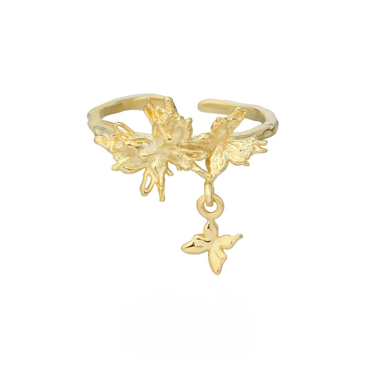 Adjustable silver butterfly ring with white gold or 18K gold electroplating, showing insect motif and open band design