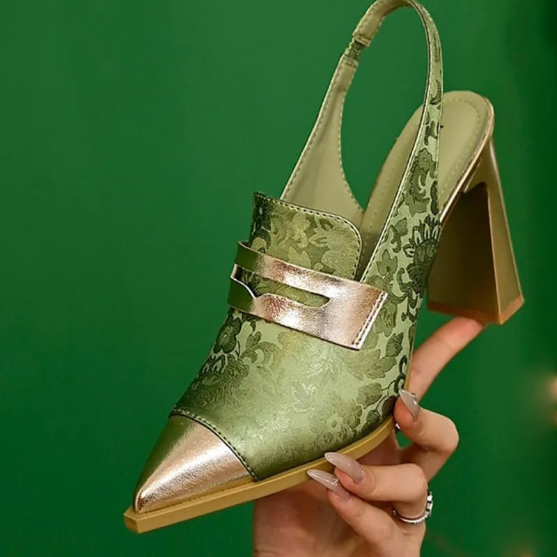 Korean style women's pointed-toe sandals with chunky heel and elastic ankle strap in black, champagne, or green