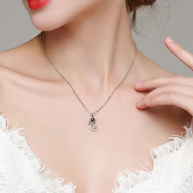 S925 silver cat-shaped pendant necklace with custom photo projection on Rose Gold chain