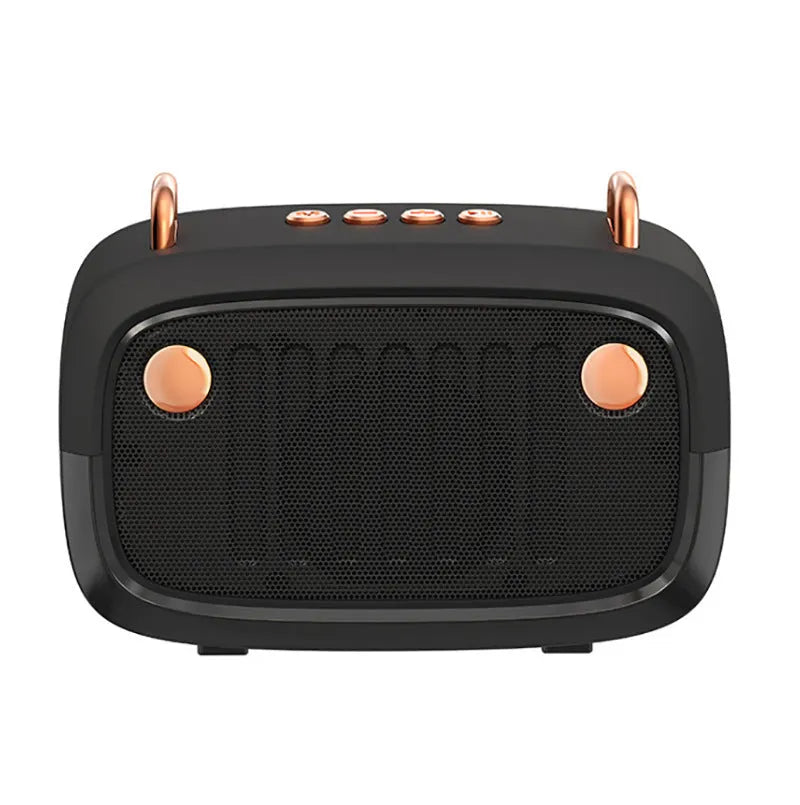 Small black portable Bluetooth speaker with USB port on a plastic and ABS cabinet.