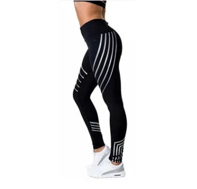 Women's black workout leggings with night glowing print and high-waist design