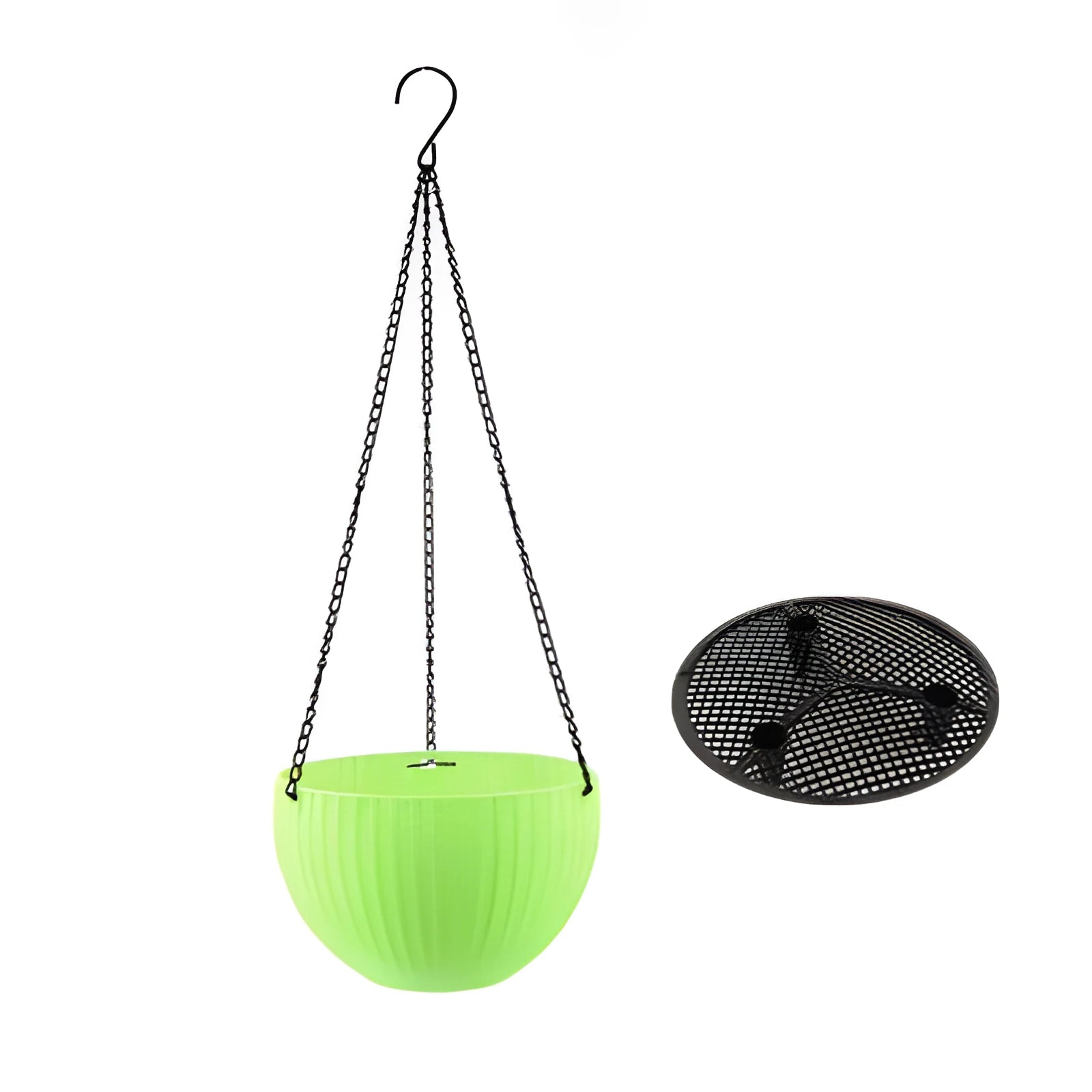 Plastic hanging basket with chain and inner pot in one of seven colours.