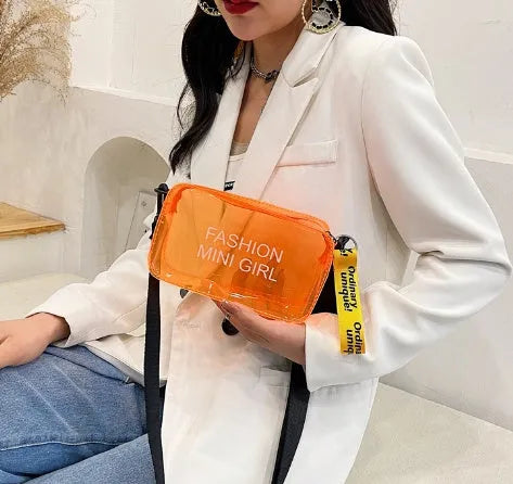 Transparent square jelly shoulder bag with single diagonal cross strap in various colour options