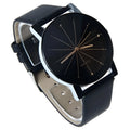 Black analogue quartz watch with stainless steel dial and alloy case on a PU leather band