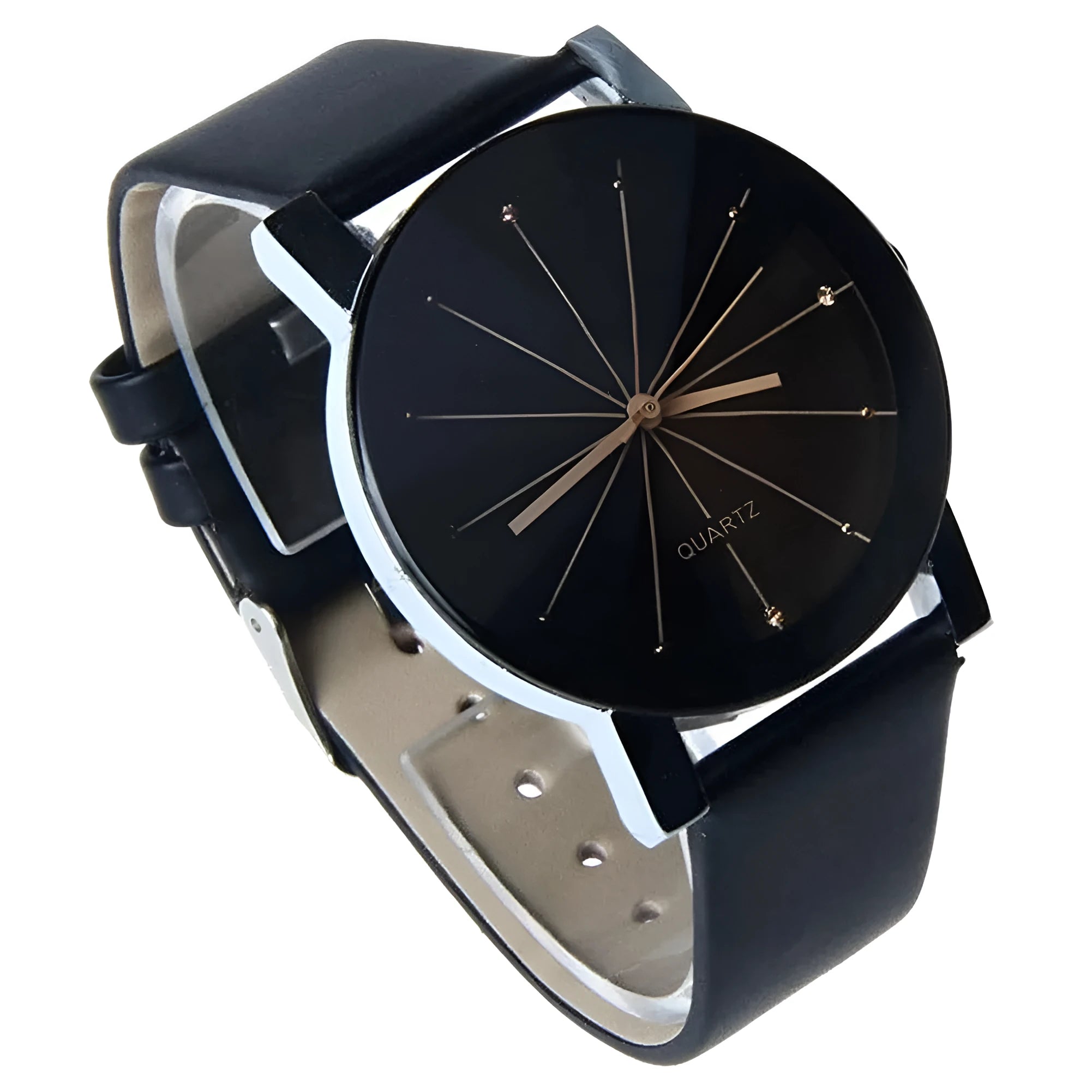 Black analogue quartz watch with stainless steel dial and alloy case on a PU leather band