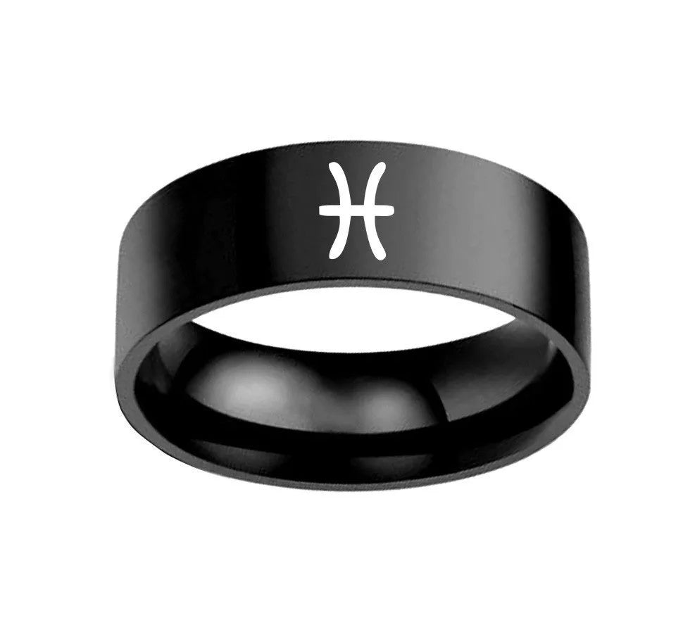 Stainless steel twelve constellation ring on display showing 8MM width band
