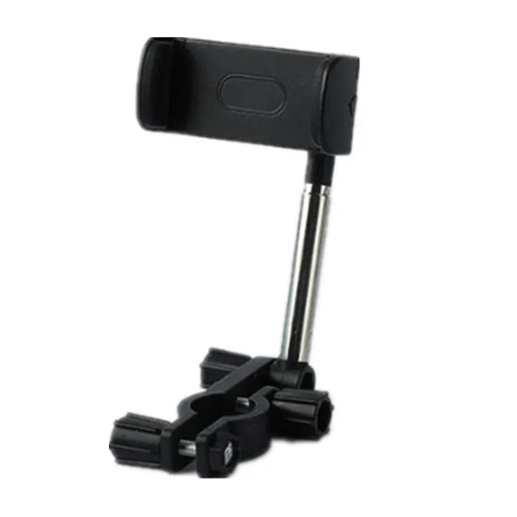 Black ABS plastic mobile phone bracket mounted on vehicle rearview mirror holding smartphone