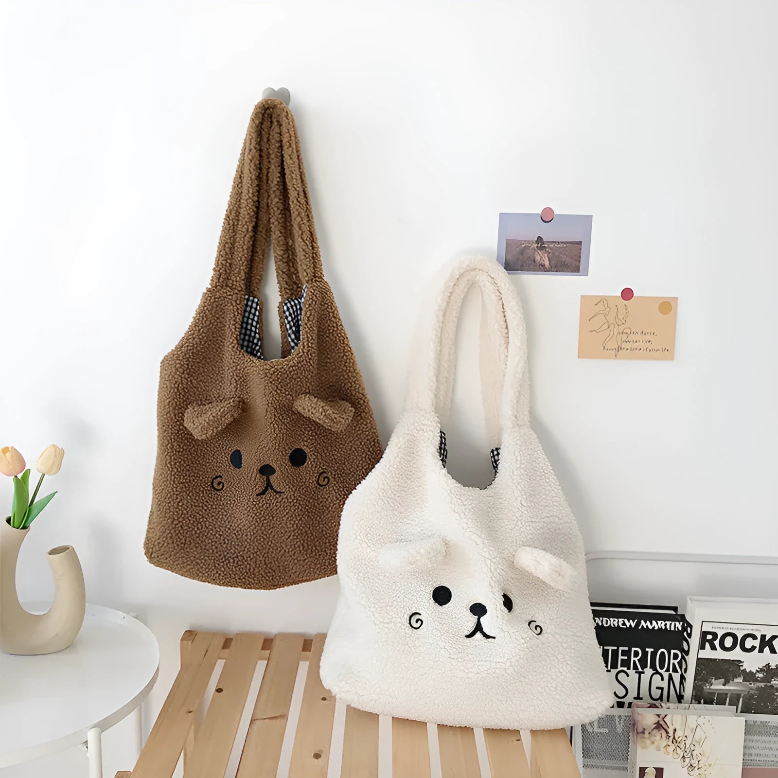 Large capacity imitation lamb wool embroidery shopping bag in beige with double soft handles and animal pattern