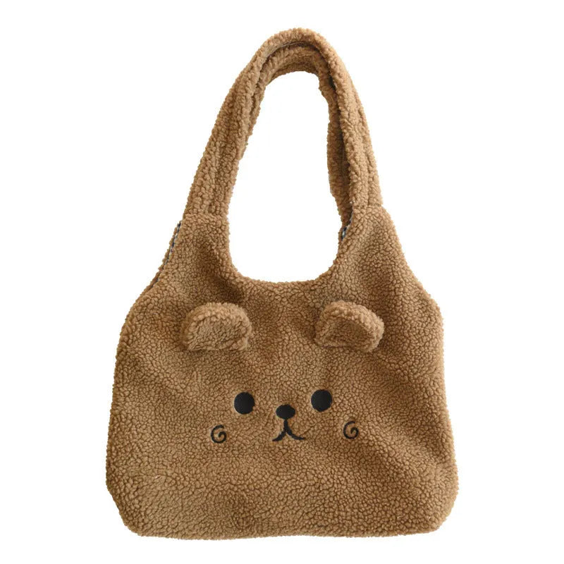 Large capacity imitation lamb wool embroidery shopping bag in beige with double soft handles and animal pattern