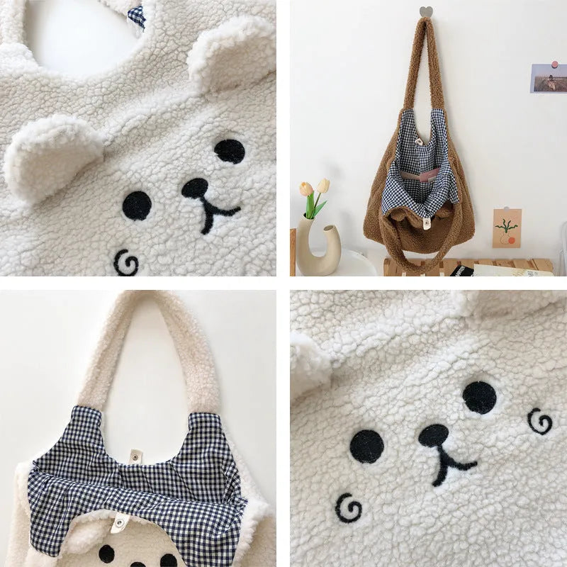 Large capacity imitation lamb wool embroidery shopping bag in beige with double soft handles and animal pattern