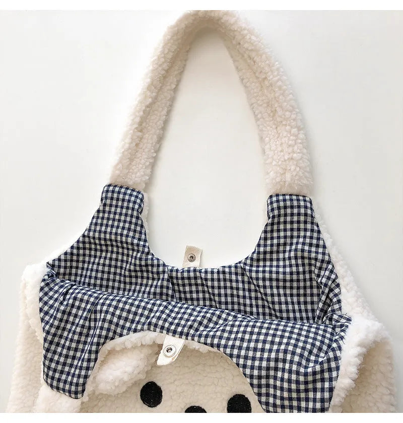 Large capacity imitation lamb wool embroidery shopping bag in beige with double soft handles and animal pattern