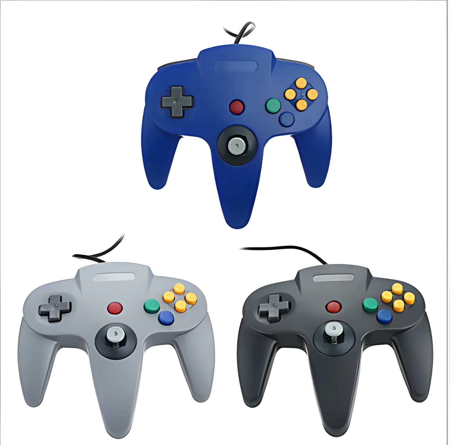Blue USB N64 game controller for PC computers on a grey background.
