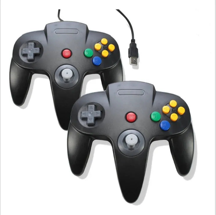 Blue USB N64 game controller for PC computers on a grey background.