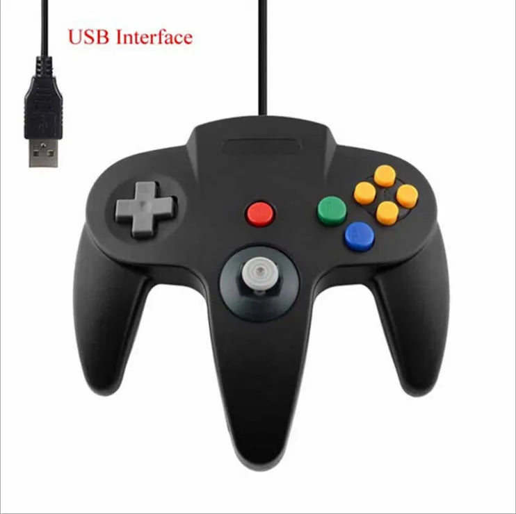 Blue USB N64 game controller for PC computers on a grey background.