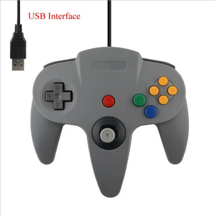 Blue USB N64 game controller for PC computers on a grey background.
