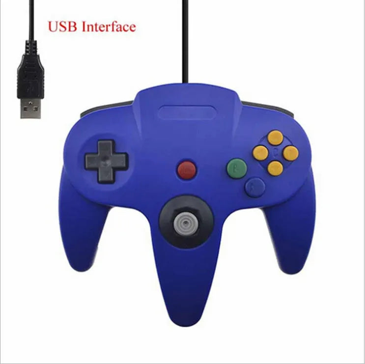 Blue USB N64 game controller for PC computers on a grey background.