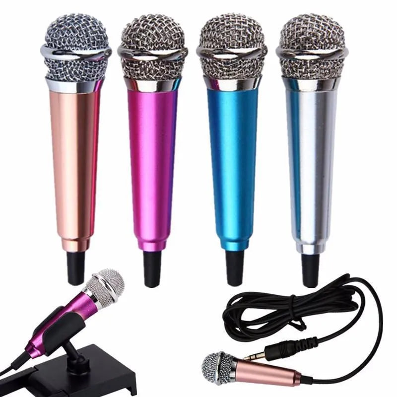 T3 Mini Karaoke Condenser Microphone in blue, gold, red or silver with a 3.5mm cable for Android phones.