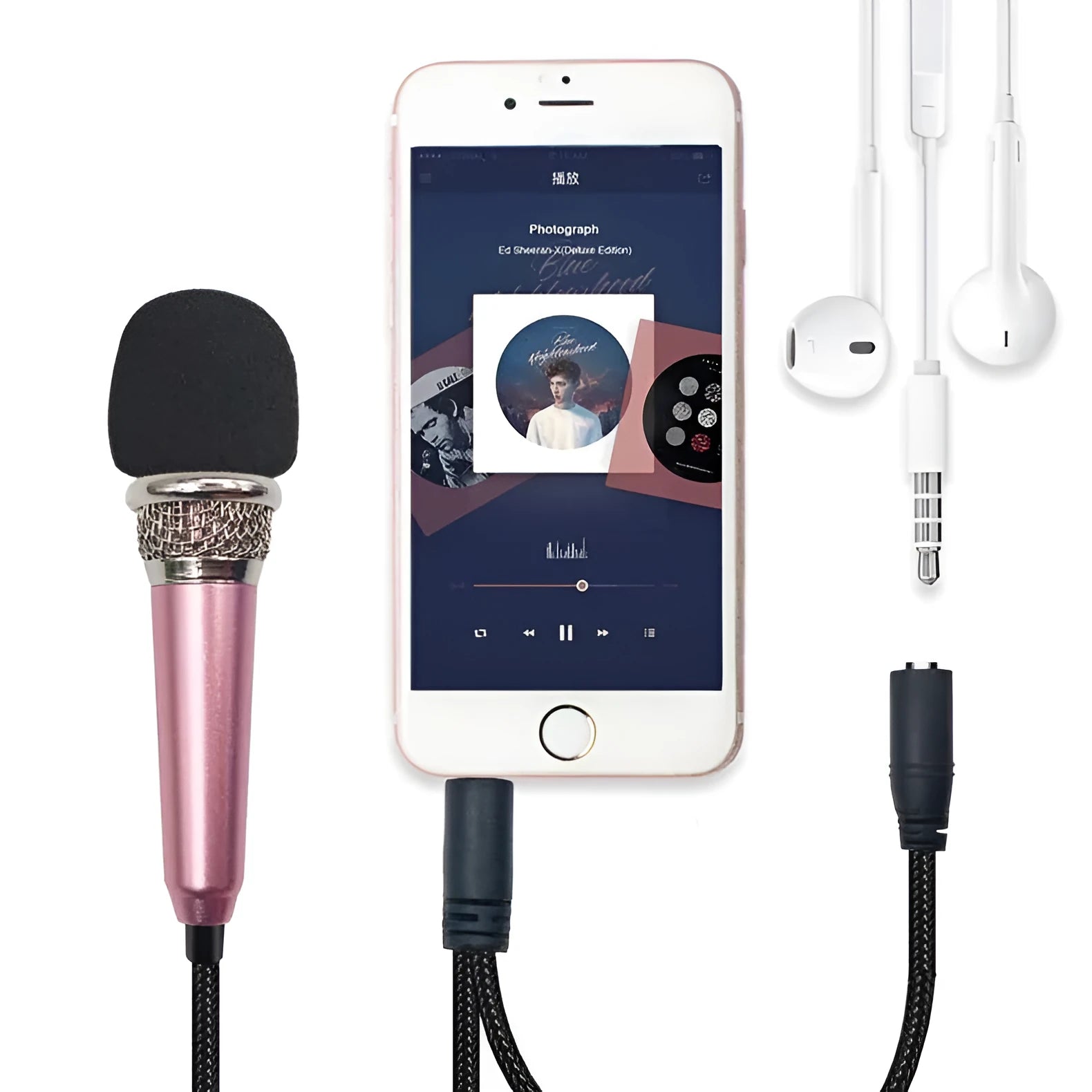 T3 Mini Karaoke Condenser Microphone in blue, gold, red or silver with a 3.5mm cable for Android phones.