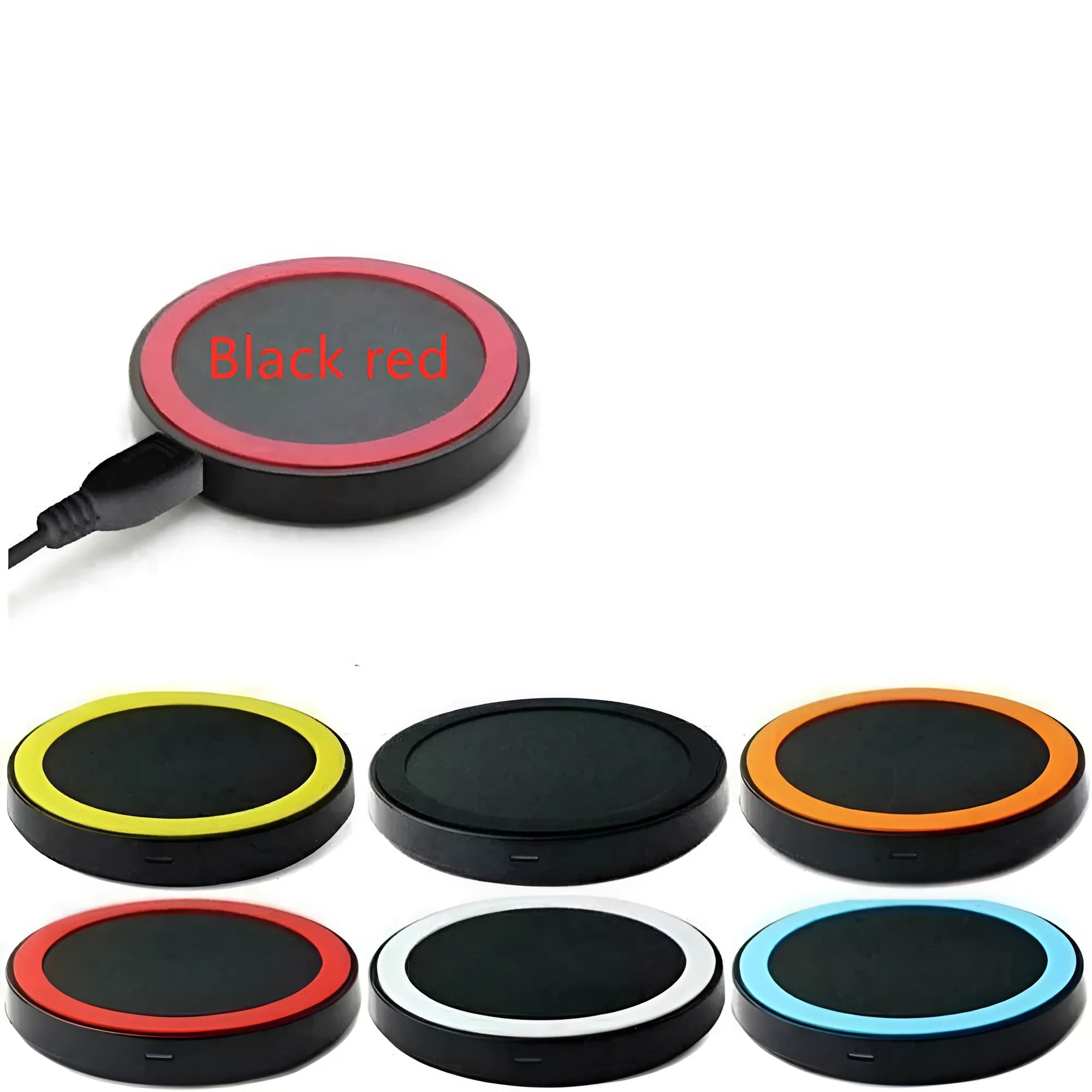 Square Qi wireless charging base for mobile phones in one of six colours on a desk.