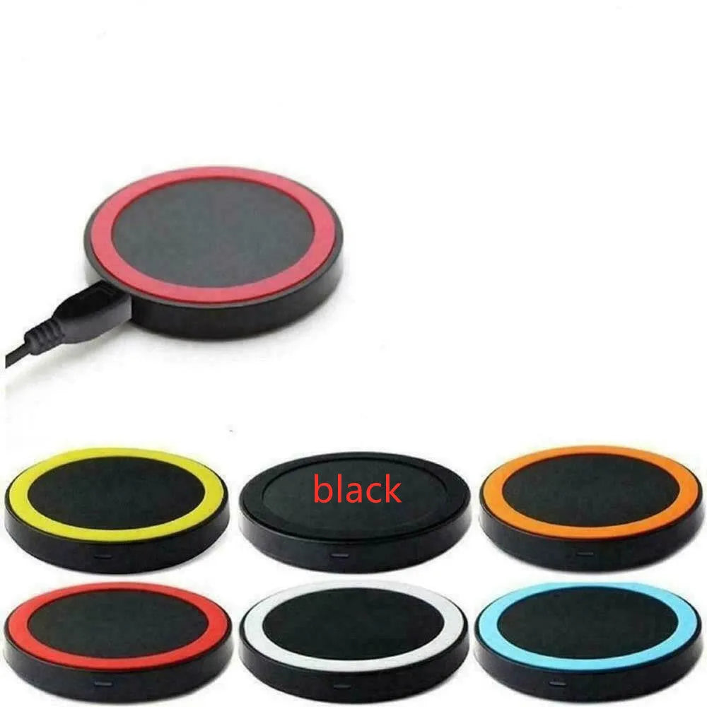 Square Qi wireless charging base for mobile phones in one of six colours on a desk.