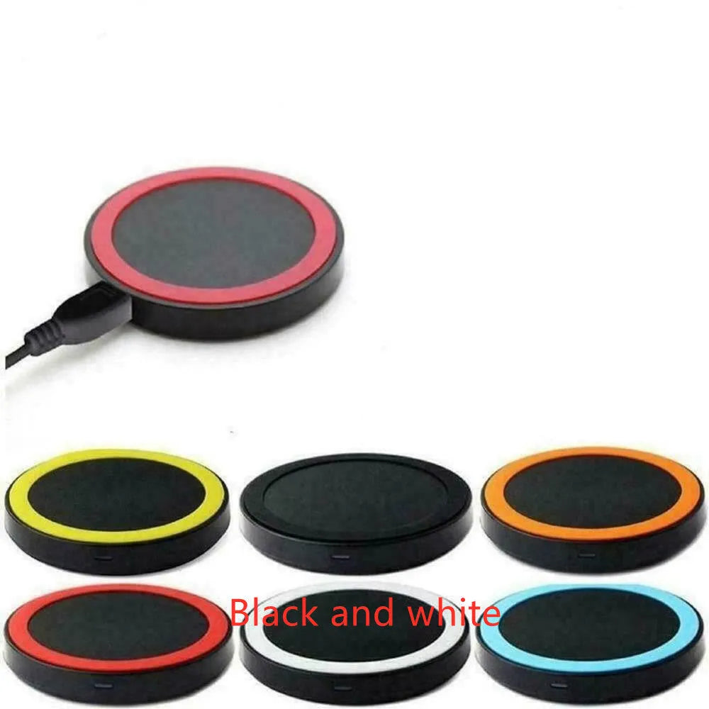 Square Qi wireless charging base for mobile phones in one of six colours on a desk.