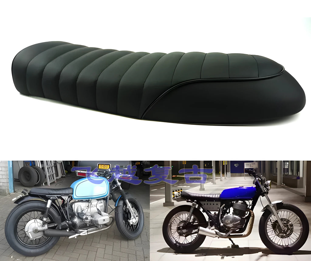 Black vintage hump seat cushion saddle with ABS base, 53cm length, for motorcycle retrofit