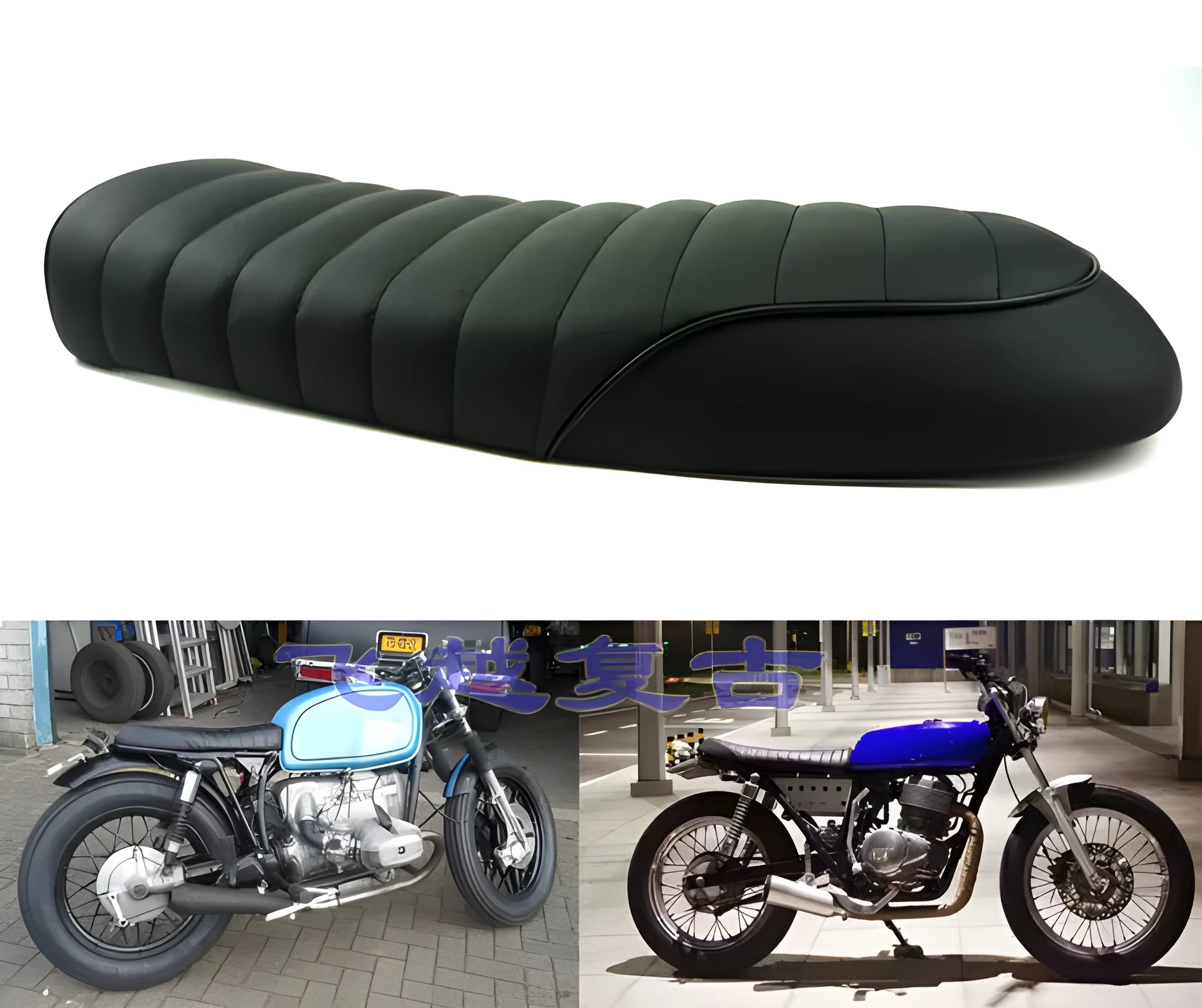 Black vintage hump seat cushion saddle with ABS base, 53cm length, for motorcycle retrofit