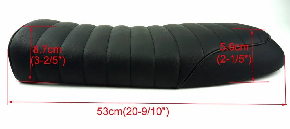 Black vintage hump seat cushion saddle with ABS base, 53cm length, for motorcycle retrofit