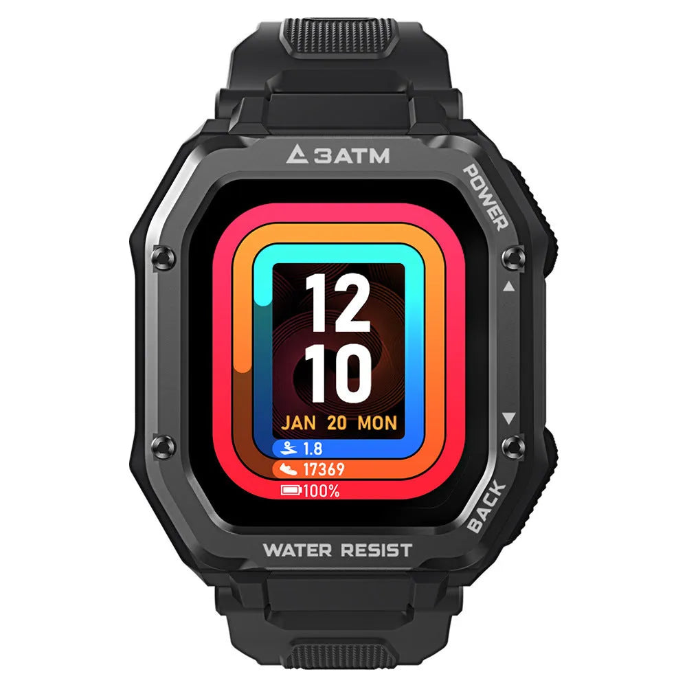 Army Green rugged outdoor smart watch with a 1.69 inch screen on a silicone strap