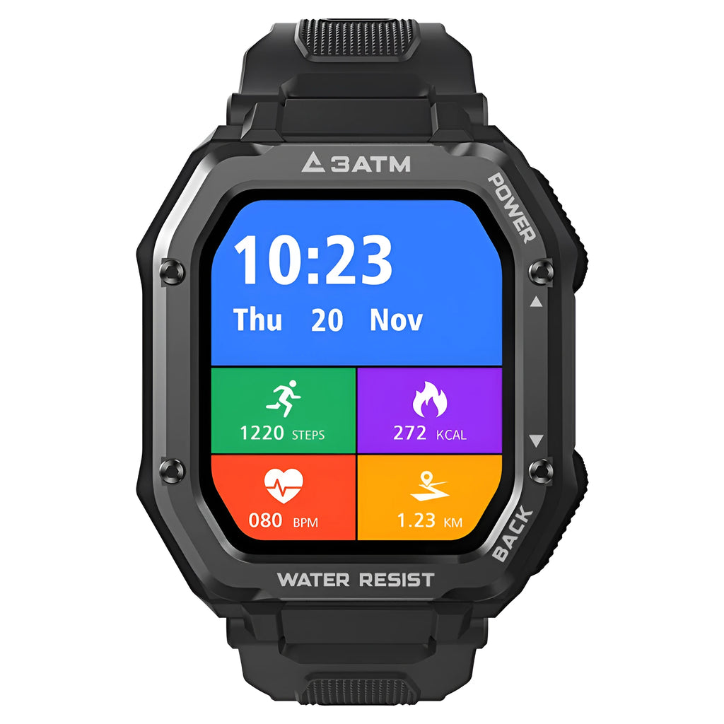 Army Green rugged outdoor smart watch with a 1.69 inch screen on a silicone strap