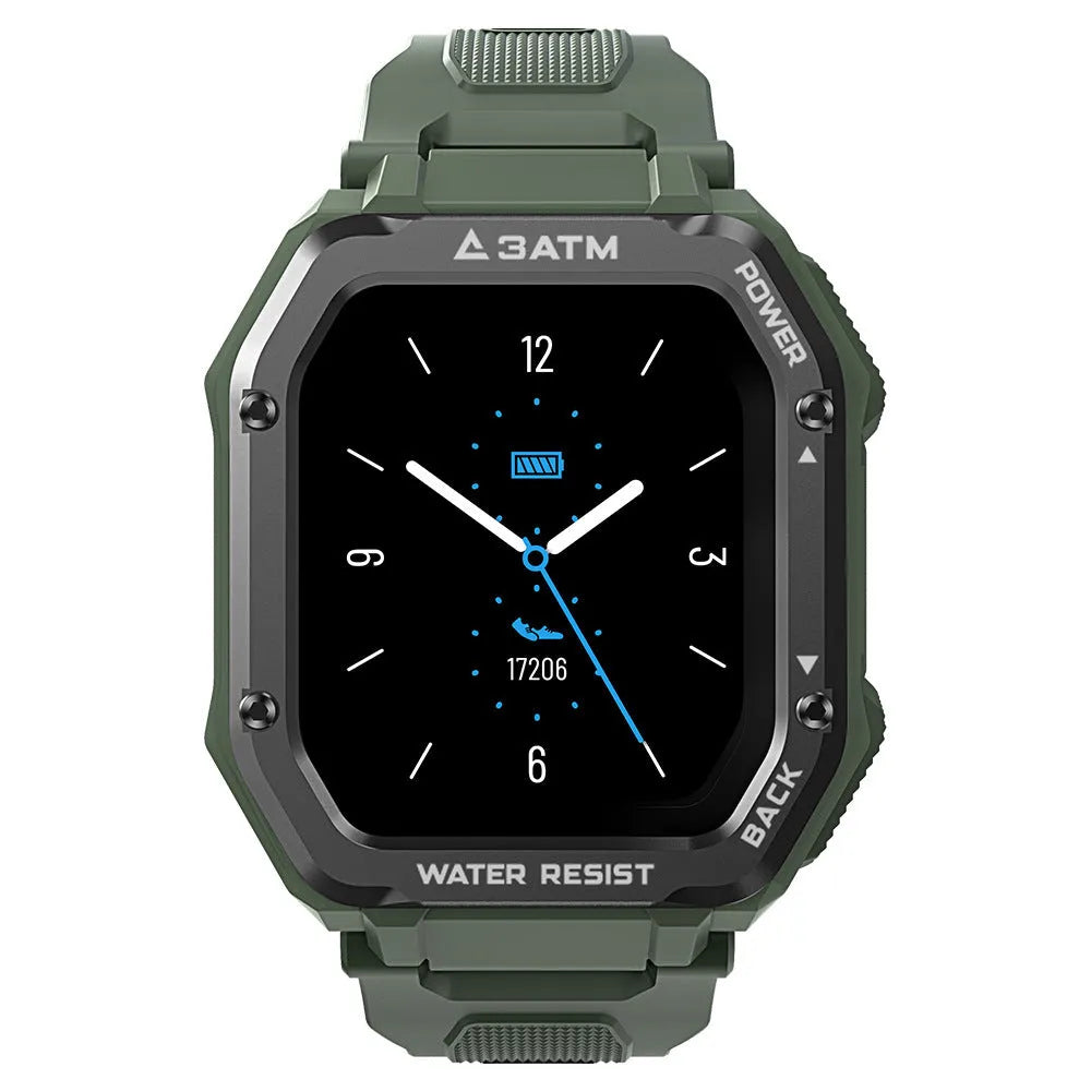 Army Green rugged outdoor smart watch with a 1.69 inch screen on a silicone strap