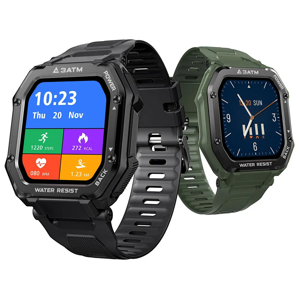 Army Green rugged outdoor smart watch with a 1.69 inch screen on a silicone strap