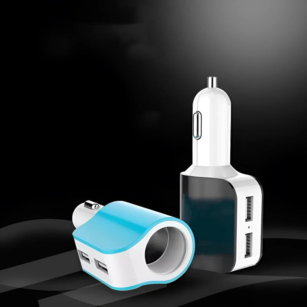 Black dual USB car charger with cigarette lighter plug and two USB ports