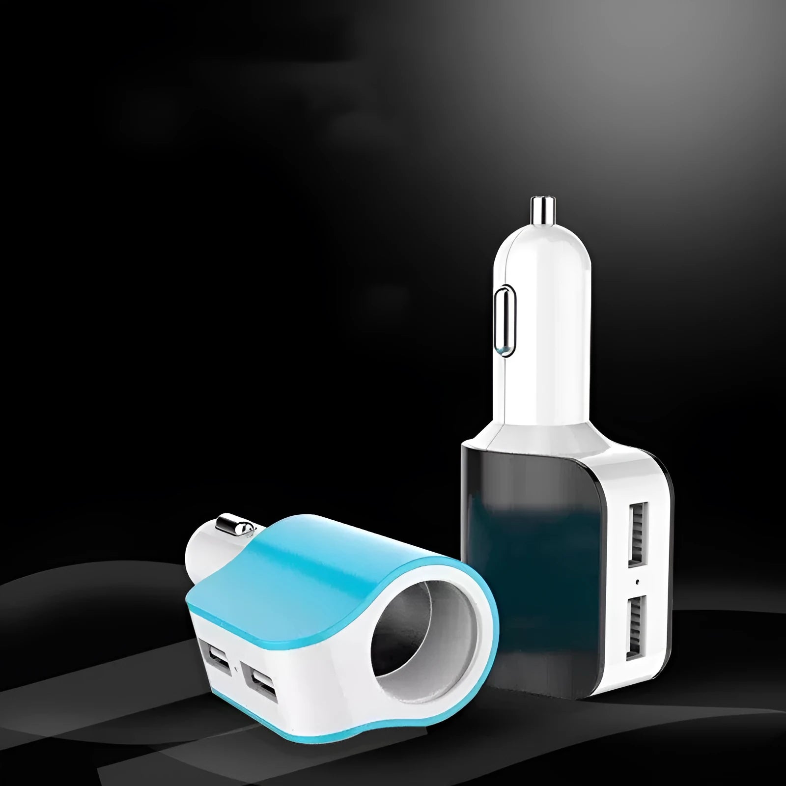 Black dual USB car charger with cigarette lighter plug and two USB ports