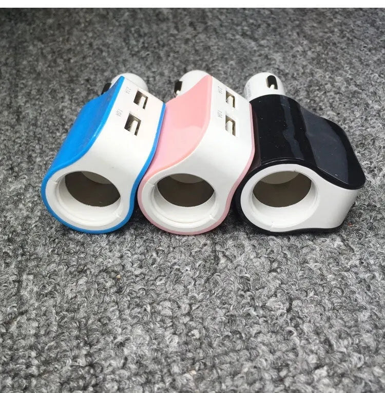 Black dual USB car charger with cigarette lighter plug and two USB ports