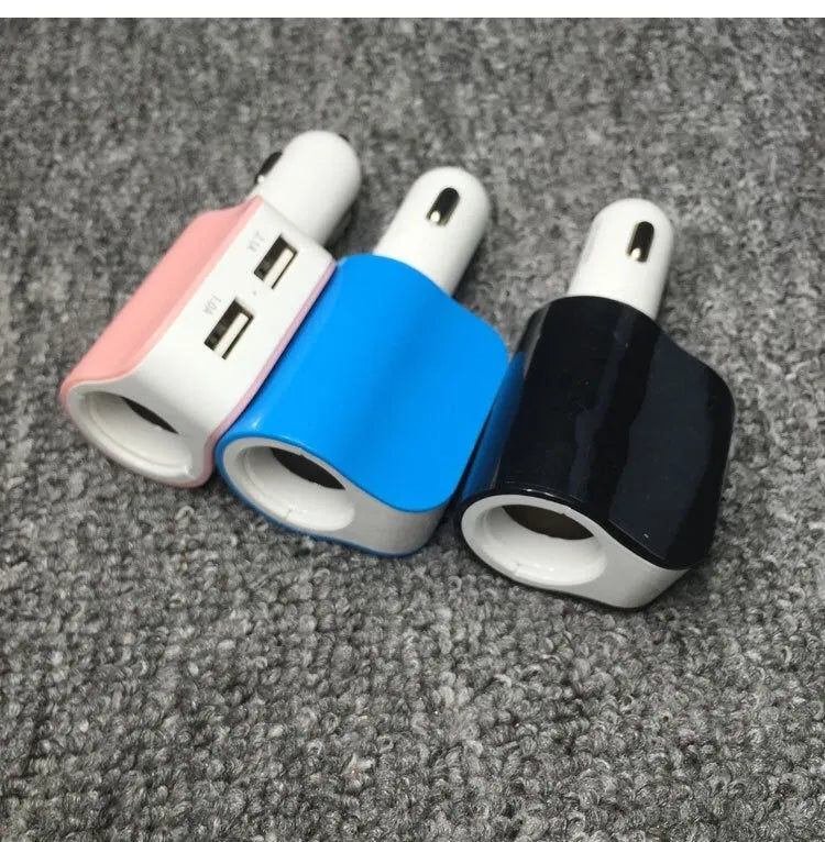 Black dual USB car charger with cigarette lighter plug and two USB ports