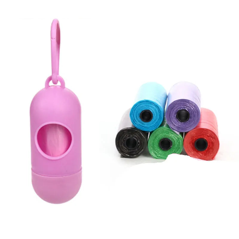 Roll of handled dog poop bags in assorted colours showing dimensions of 22.5 by 30 centimetres