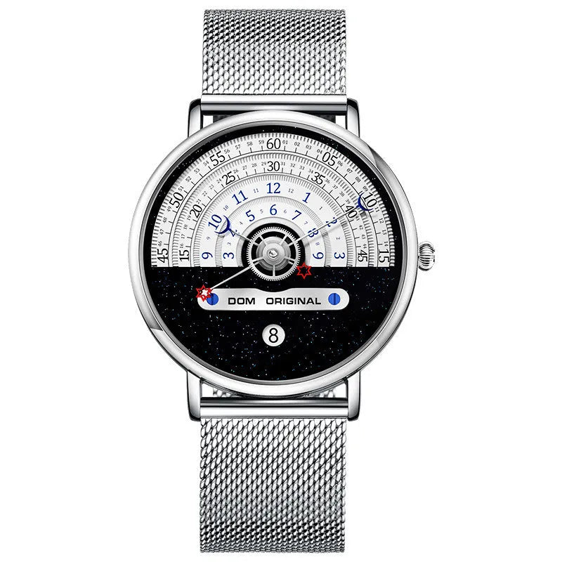 Men's sports quartz wristwatch with round 40mm dial, mineral glass lens, and stainless steel strap showing time display