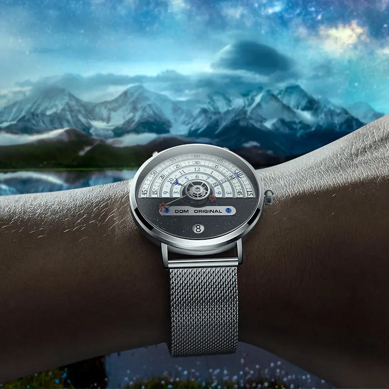 Men's sports quartz wristwatch with round 40mm dial, mineral glass lens, and stainless steel strap showing time display