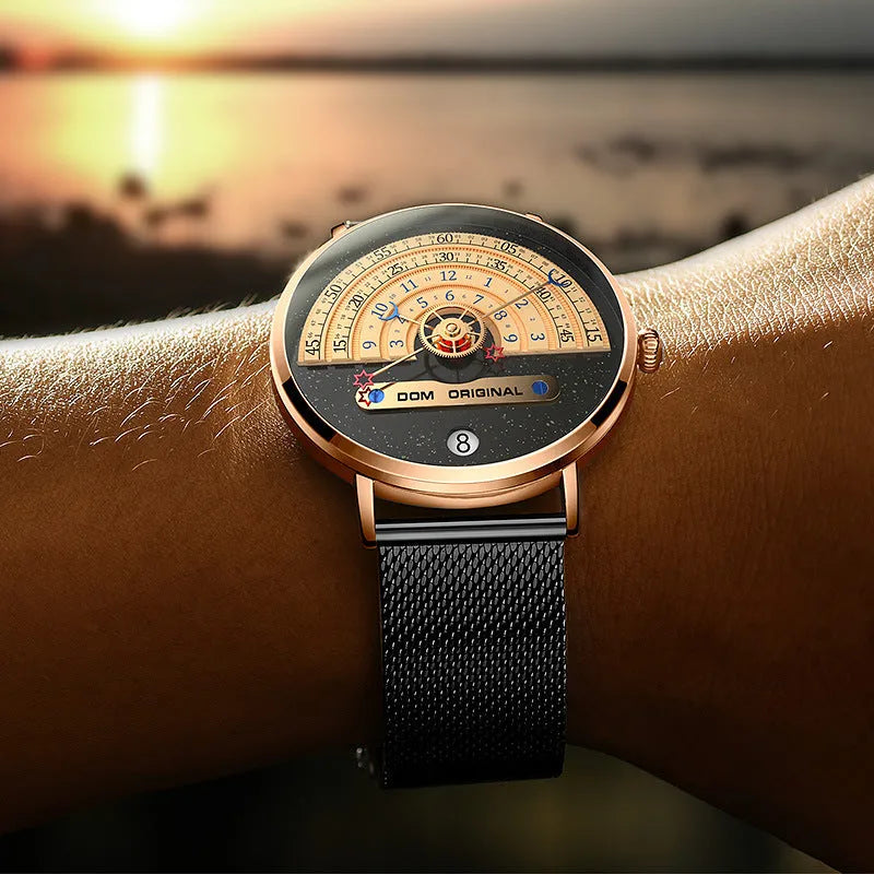 Men's sports quartz wristwatch with round 40mm dial, mineral glass lens, and stainless steel strap showing time display