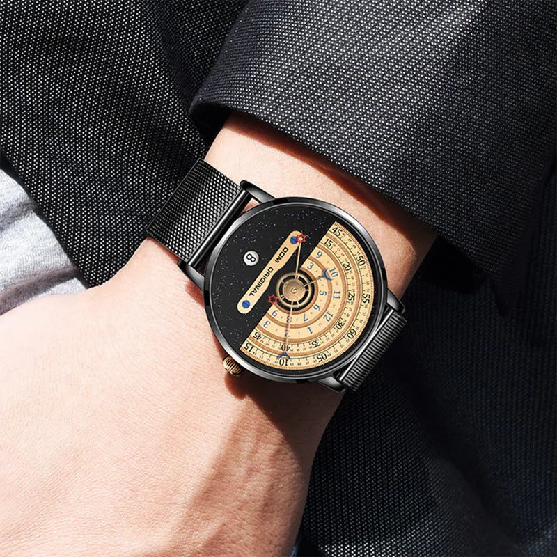 Men's sports quartz wristwatch with round 40mm dial, mineral glass lens, and stainless steel strap showing time display