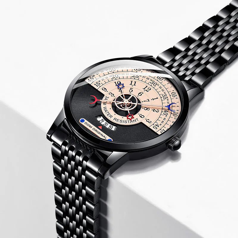 Men's sports quartz wristwatch with round 40mm dial, mineral glass lens, and stainless steel strap showing time display