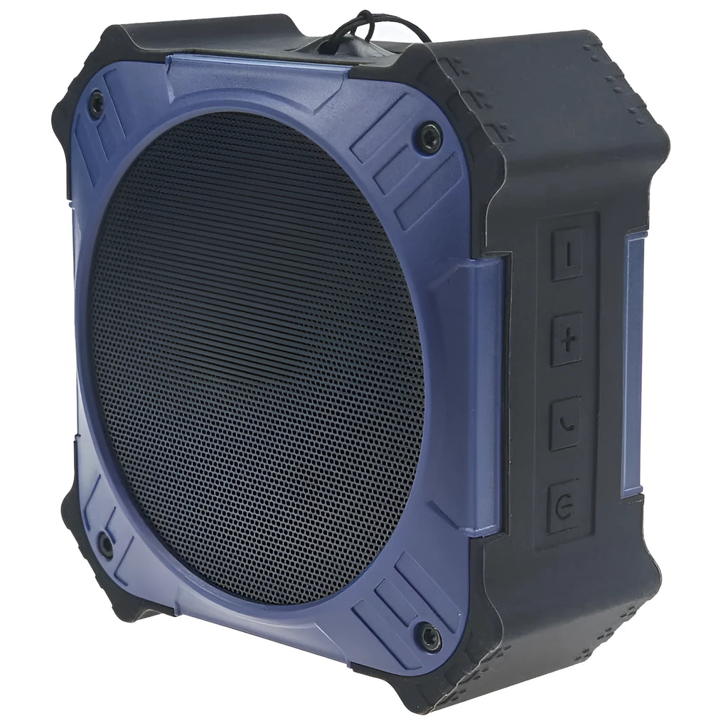 Black waterproof Bluetooth speaker with wrist strap showing 101mm diameter portable design
