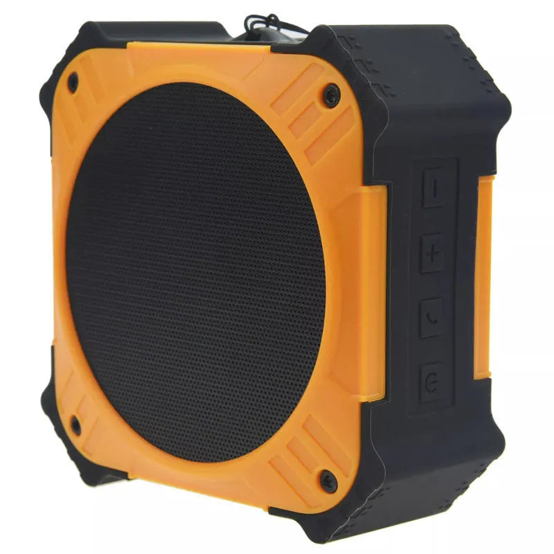 Black waterproof Bluetooth speaker with wrist strap showing 101mm diameter portable design