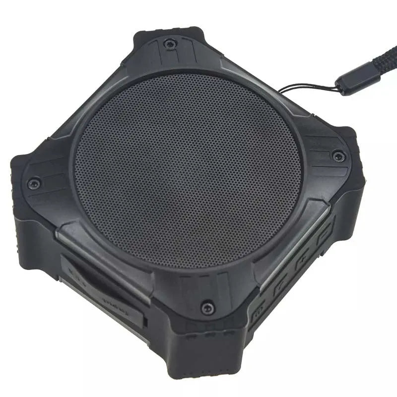 Black waterproof Bluetooth speaker with wrist strap showing 101mm diameter portable design