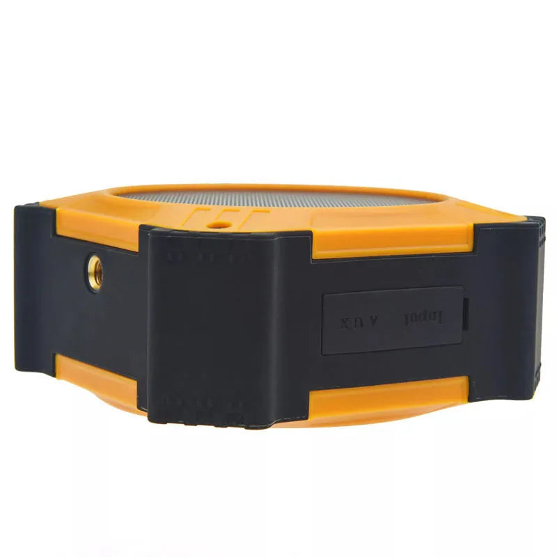 Black waterproof Bluetooth speaker with wrist strap showing 101mm diameter portable design